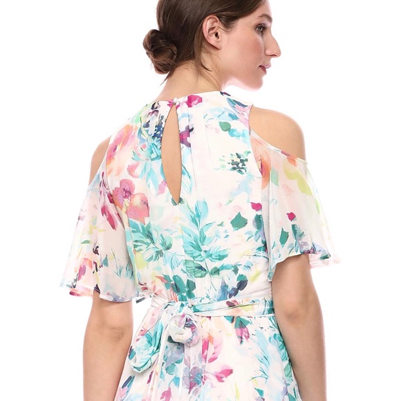 Calvin Klein Cold Shoulder Floral Chiffon Dress - Picture 4 of 5